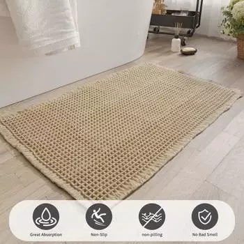 Коврик для ванной из пены с эффектом памяти, вафельная текстура, отделка кисточками, высокоабсорбирующий, быстросохнущий пол S коричневый