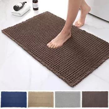 Коврик для ванной из пены с эффектом памяти, вафельная текстура, отделка кисточками, высокоабсорбирующий, быстросохнущий коврик для пола, противоскользящий для ванной комнаты S коричневый
