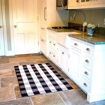 Коврик для ванной комнаты Быстро впитывающий Быстросохнущий Нескользящий Цветной Клетчатый Принт Ручной Плетеный Многоцелевой L белый/чёрный