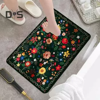 Коврик для ванной комнаты, быстро впитывающий цветочный принт, быстросохнущий диатомовый ил, противоскользящий коврик для входа, многоцелевой коврик для ванной, душа, раковины, кухни 40x60cm чёрный