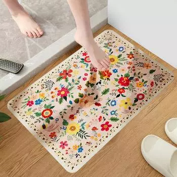 Коврик для ванной комнаты Коврик для пола Быстро впитывающий Цветочный принт Быстросохнущий Диатомовая грязь Противоскользящий 40x60cm чёрный
