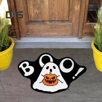 Коврик для ванной на Хэллоуин, мягкий плюшевый коврик для ванной с тыквой-призраком, нескользящий, впитывающий воду, напольная подушка, готический декор для ванной комнаты 50x80cm жёлтый/белый