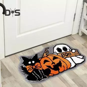 Коврик для ванной на Хэллоуин с изображением призрака, тыквы, кошки, стеганый коврик, нескользящий коврик для пола, жуткий коврик для ванной комнаты, декор кухни 60x90cm жёлтый