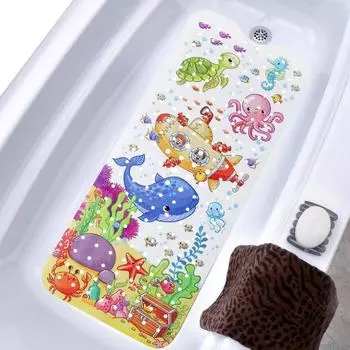 Коврик для ванной с изображением морских животных из мультфильма 100x40 см, с присоской и сливными отверстиями, прямоугольный, из ПВХ, нескользящий, подходит для машинной стирки, детский коврик для ванной и душа 100x40cm