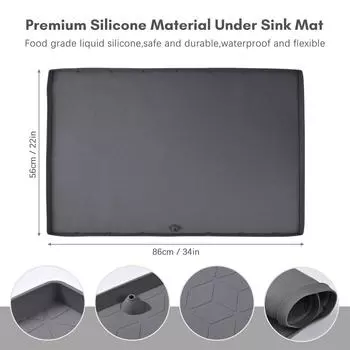Коврик под раковину для кухни, водонепроницаемый, 34*22 дюйма, силиконовый поддон под раковину со сливным отверстием серый