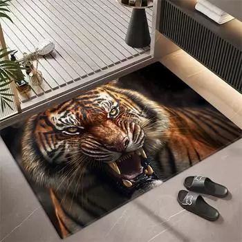 Коврик Тигр для пола в ванной комнате Мягкий фланелевый коврик из пены с памятью 3D с животным принтом Впитывающий Противоскользящий Коврик для туалета Кухонный коврик 40x60cm