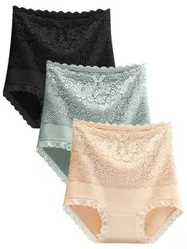 KOXIFLI Set of Pure Breathable and Sexy Abdominal Underwear Women s 3-Piece Panties, Cotton, Butt-Lengthening, Lace, High-Waisted Panties, Stretchy,