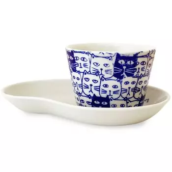 Koyama Kiln Coffee Cup Saucer Hasami Ware Made in Japan Cats Blue J-kitchens &