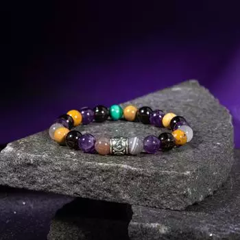 Козерог браслет дымчатый кварц, тигровый глаз, красный агат, розовый кварц, селенит