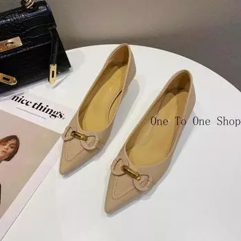 Кожа 2024 Новые туфли на высоком каблуке с острым носком, женские туфли на низком тонком каблуке, элегантные женские танцевальные туфли из мягкой кожи с металлической пряжкой 34 светло-коричневого