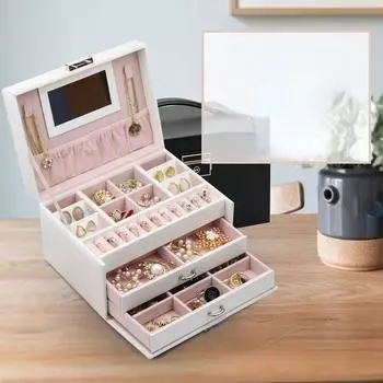 Кожаная деревянная шкатулка для драгоценностей из искусственной кожи, трехслойная многофункциональная шкатулка большой емкости, ящик для хранения ювелирных изделий 18.3*13.5*11CM белый