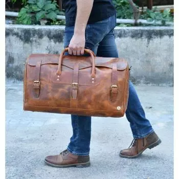 Кожаная дорожная сумка | Подарки для него | Выходная сумка ручной работы | Кожаная дорожная сумка | Кожаная дорожная сумка | Ночная сумка для мужчин 22 x 11 x 11 in коричневый