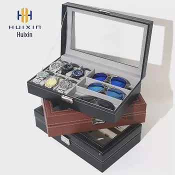 Кожаная футляр-витрина для часов на 6 ячеек и солнцезащитных очков на 3 ячейки с пылезащитным чехлом