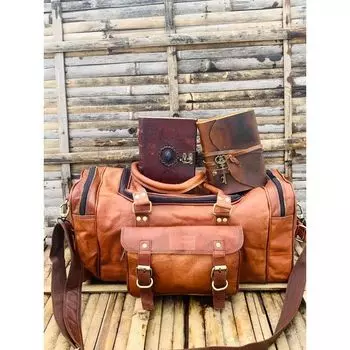 Кожаная коричневая спортивная дорожная сумка для мужчин, винтажная кожаная сумка ручной работы ( Бесплатный кожаный ежедневник 2 размера - 7 x 5 дюймов ) 20 x 10 x 11 in коричневый