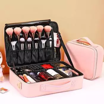 Кожаная косметичка с обшивкой, профессиональный косметичка, большая вместительная сумка для хранения, дорожная вставка, косметичка для туалетных принадлежностей