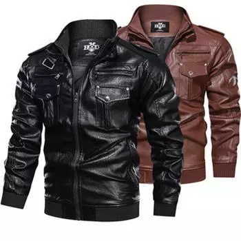 Кожаная куртка-бомбер, мужская модная куртка с воротником-стойкой, карманы на молнии, куртки, облегающие куртки, пальто S чёрный