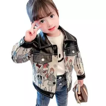 Кожаная куртка для девочек, весенне-осенняя однобортная куртка с лацканами и принтом