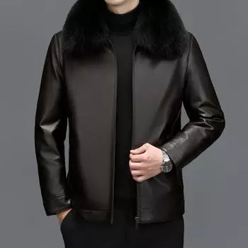 Кожаная куртка для людей среднего и пожилого возраста, мужская утолщенная куртка-пуховик с меховым воротником M