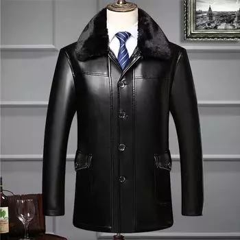 Кожаная куртка для людей среднего и пожилого возраста, мужское пальто средней и длинной длины, зимняя утолщенная бархатная новая мужская кожаная куртка M