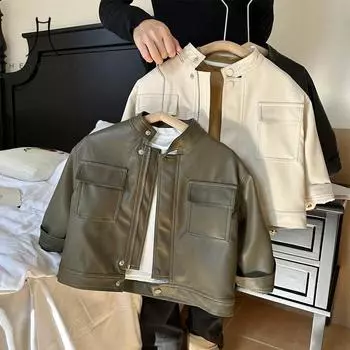 Кожаная куртка для мальчиков, осенняя новая детская кожаная куртка, корейская весенне-осенняя детская кожаная куртка для девочек, маленькое детское байкерское пальто среднего размера 90 чёрный