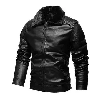 Кожаная куртка для мужчин, кожаная куртка с лацканами и меховым воротником, мужское пальто из ПУ, мотоциклетный костюм и плюшевая кожаная куртка XXXL чёрный