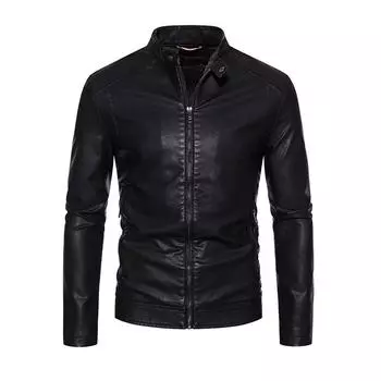 Кожаная куртка для мужчин, мужская кожаная куртка в корейском стиле, воротник-стойка, деловая кожаная куртка на молнии, синяя мужская куртка, модная куртка из искусственной кожи M