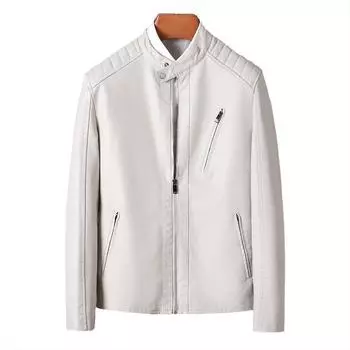 Кожаная куртка для мужчин на осень и зиму, новый стиль, воротник-стойка, тонкая куртка, мужская модная мотоциклетная куртка, кожаная куртка для мужчин M чёрный