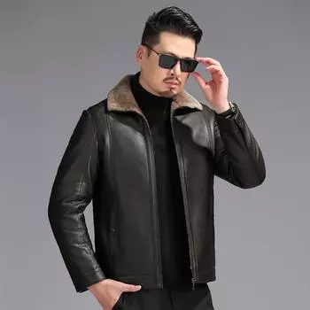 Кожаная куртка для мужчин среднего и пожилого возраста, теплая кожаная куртка с утолщенным бархатом, деловая повседневная куртка из натуральной кожи 170