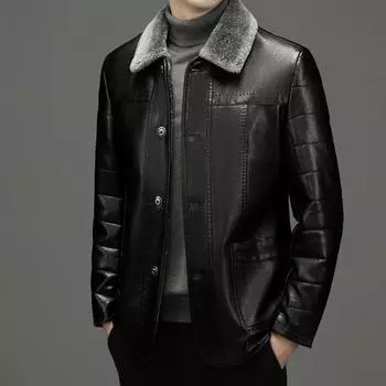 Кожаная куртка для мужчин среднего возраста, для пап, зимняя, меховая, цельная, из натуральной овчины, куртка средней длины, повседневная, утолщенная L