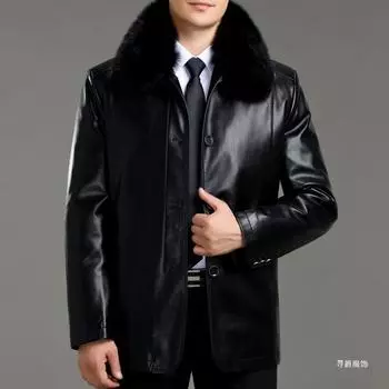 Кожаная куртка для мужчин среднего возраста на пуху, воротник из лисьего меха, куртка из овчины большого размера, кожаная куртка для папы 170