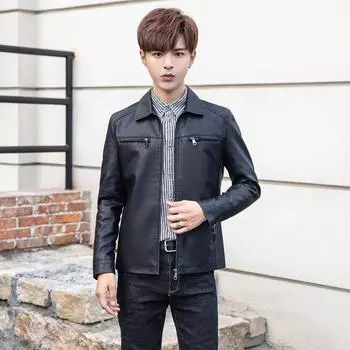 Кожаная куртка для мужчин, весна и осень, тонкая модная мужская кожаная куртка с воротником-стойкой M чёрный