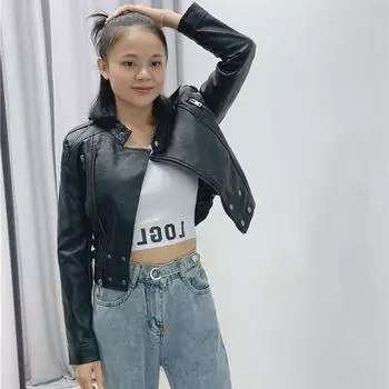Кожаная куртка для женщин, короткая, стильная, облегающая талию куртка U-образного кроя, тонкая и узкая, весна-осень, корейская версия, черная облегающая кожаная куртка S