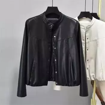 Кожаная куртка для женщин, новая осенняя одежда, воротник-стойка, корейский стиль, простой стиль, свободная, облегающая, стиль вестерн, куртка из стираной искусственной кожи M