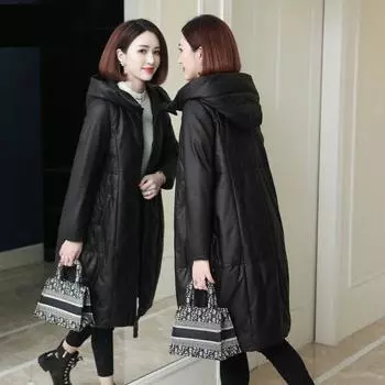Кожаная куртка из хлопка, женская длинная зимняя новая с высоким воротником и капюшоном, кожаная куртка Haining, искусственный мех, искусственная кожа, утолщенная для сохранения тепла M recommends within 50kg чёрный