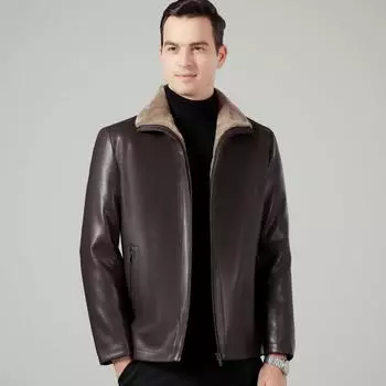 Кожаная куртка из натуральной кожи с мехом для мужчин среднего и пожилого возраста, а также куртка из бархата и утолщенной кожи, зимняя куртка с лацканами из натуральной кожи 170