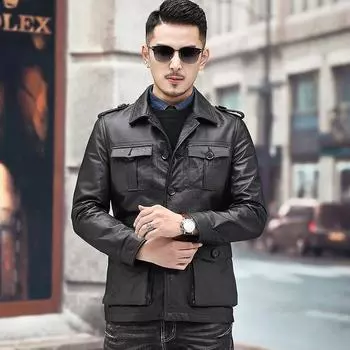 Кожаная куртка из натуральной кожи с пятнами, мужская куртка из коровьей кожи первого слоя, повседневная мужская кожаная куртка с лацканами, мужская куртка из коровьей кожи M коричневый