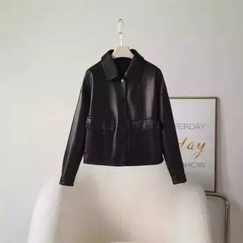 Кожаная куртка из овчины, женская куртка из овчины, короткая, квадратный вырез, свободная, повседневная, мотоциклетная кожаная куртка M чёрный