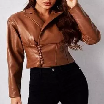 Кожаная куртка из овечьей кожи Тан Брауна женщин Нуора, подрезанная байкерская западная кожаная куртка XS дубильная кора/коричневый