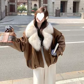 Кожаная куртка кофейного цвета с большим меховым воротником, женская зимняя куртка 2024 года, новая, небольшого размера, свободного и утолщенного типа S