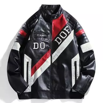 Кожаная куртка, мотоциклетный костюм, мужская весенне-осенняя повседневная куртка из искусственной кожи контрастных цветов, куртка с цветовыми блоками XXXL чёрный
