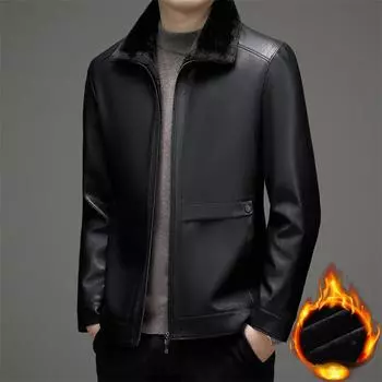 Кожаная куртка мужская бархатная утолщенная мужская меховая зимняя теплая кожаная куртка с лацканами M чёрный