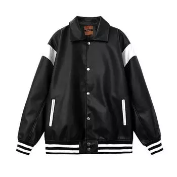 Кожаная куртка мужская бейсбольная форма весна новый тренд куртка корейский стиль свободный повседневный топ M чёрный