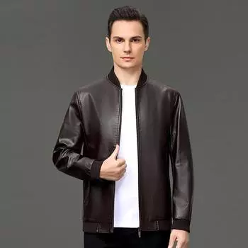 Кожаная куртка мужская бейсбольная куртка с воротником из овчины свободная короткая весенне-осенняя куртка для пап среднего возраста повседневное тонкое пальто 170