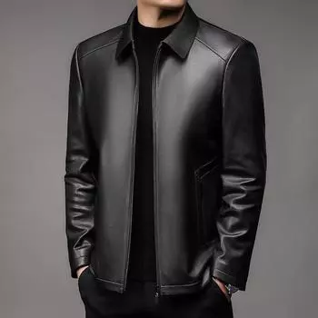 Кожаная куртка мужская из козьей кожи, деловая, повседневная, с лацканами, для пап среднего возраста, осенняя кожаная куртка 165 чёрный