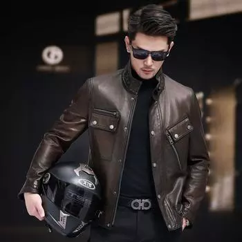 Кожаная куртка мужская из натуральной кожи зеленая ретро локомотивная одежда овчина чистая кожаная куртка короткая стойка воротник куртка модная L коричневый