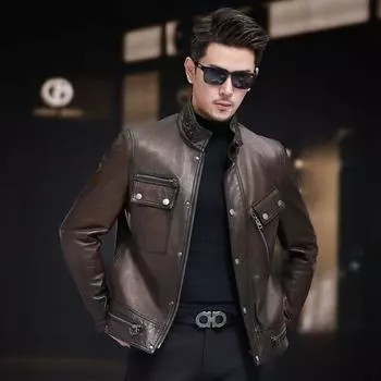 Кожаная куртка мужская из натуральной кожи зеленая ретро локомотивная одежда овчина чистая кожаная куртка короткая стойка воротник куртка модная L коричневый