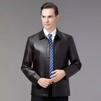 Кожаная куртка мужская из натуральной кожи плюс бархатный утолщенный воротник-стойка зимняя защита для мотоциклистов среднего возраста кожаная куртка высокого класса 170