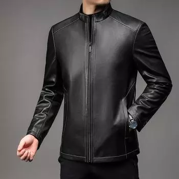 Кожаная куртка мужская из овчины, деловая, повседневная, воротник-стойка, на молнии, для папы среднего возраста, осенняя кожаная куртка 165 чёрный