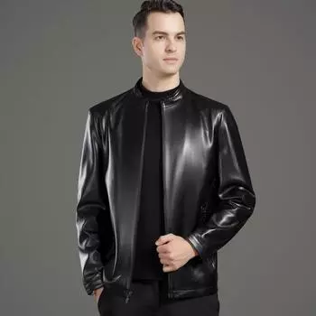 Кожаная куртка мужская из овчины осенне-зимняя воротник-стойка кожаная куртка папы среднего возраста плюс бархатное теплое пальто 170