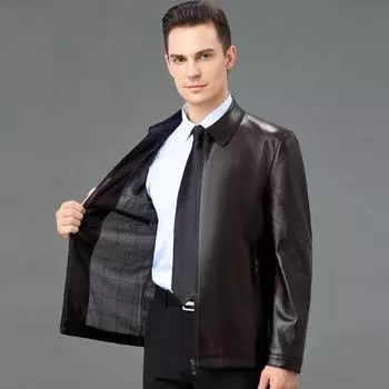 Кожаная куртка мужская из овчины с лацканами короткая деловая повседневная куртка осень и зима тонкая кожаная куртка для папы 170